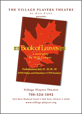 Brown, orange and yellow poster for Book of Leaves play with info, title, and picture of a leaf