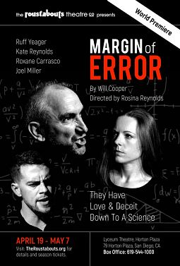 Black and red poster for Margin of Error play with info, title, scientific formulas, and 3 black and white cast pictures